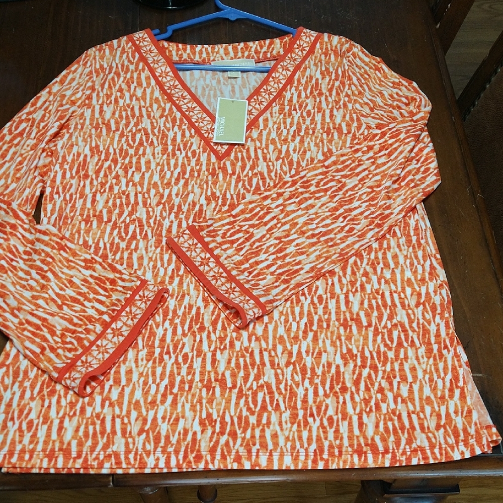 Michael Kors Orange and White V-Neck Top